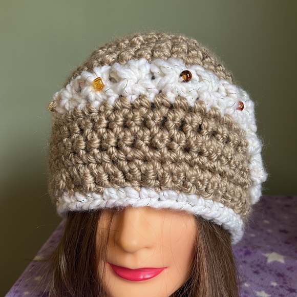 2 for $23.00 set Elegant Crochet Beanie in golden satin acrylic yarn medium - Picture 3 of 7